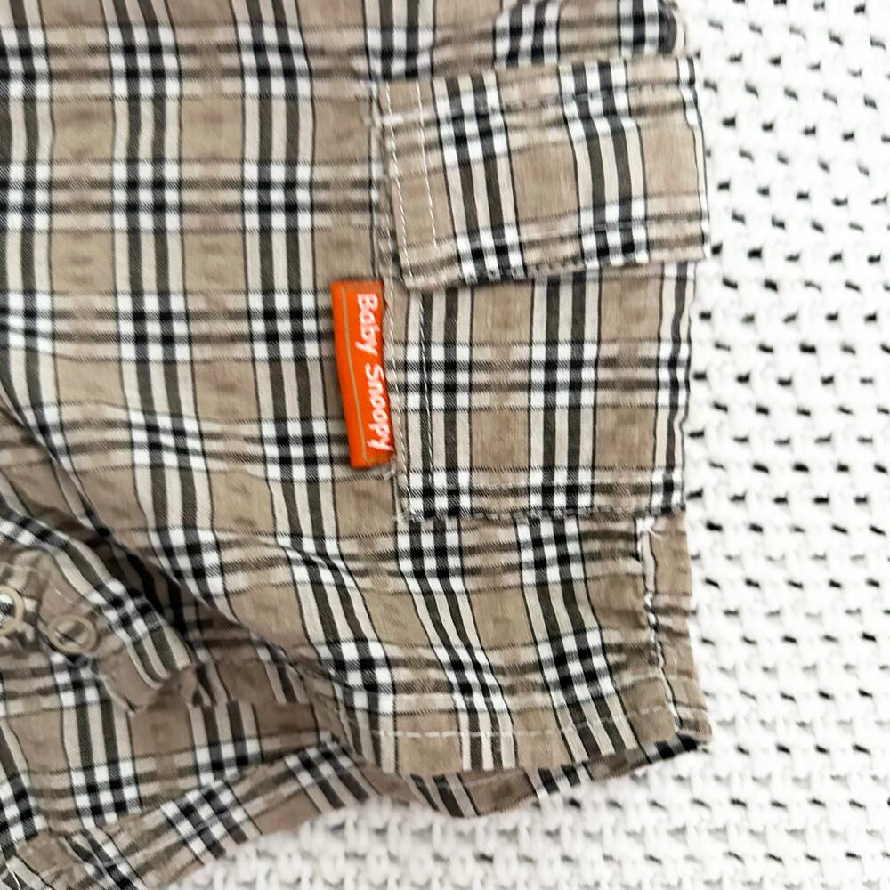 Baby Snoopy Safari Brown Grid Plaid Cargo Overalls Tee Shirt Bucket Hat 6-9M Y2K - Picture 5 of 7